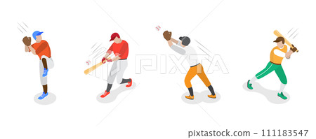 3D Isometric Flat  Set of Baseball Players, Various Actions of Player Character 111183547