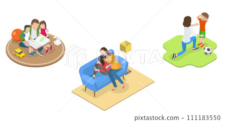 3D Isometric Flat Set of Parent Support Scenes, Happy Loving Families 3D Isometric Flat Set of Parent Support Scenes, Happy Loving Families 111183550