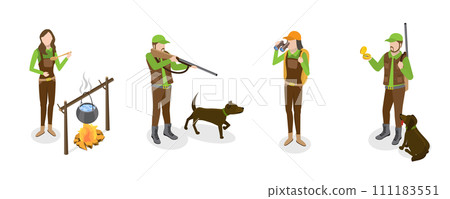 3D Isometric Flat  Set of Hunters, Hunting Hobby, Sport or Outdoor Activity 111183551