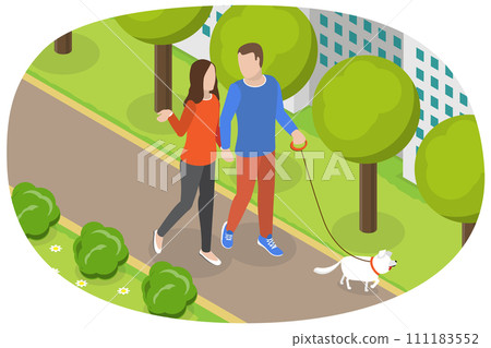 3D Isometric Flat  Conceptual Illustration of Happy Walking Couple, Relaxed People Enjoying Summer Outdoor 111183552