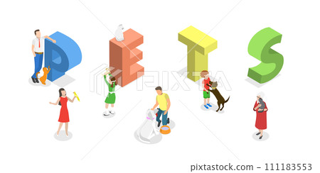 3D Isometric Flat  Conceptual Illustration of Pets, Adorable Animals and Their Owners 111183553