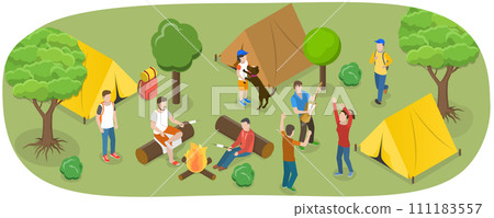 3D Isometric Flat  Conceptual Illustration of Touristic Summer Campground , Camper Tourists Resting During Holiday Adventure 111183557