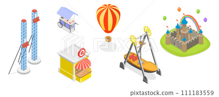 3D Isometric Flat  Set of Amusement Park, Architectural Entertainment Elements 111183559