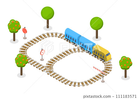3D Isometric Flat  Conceptual Illustration of Toy Railway, Children Transport Game 111183571