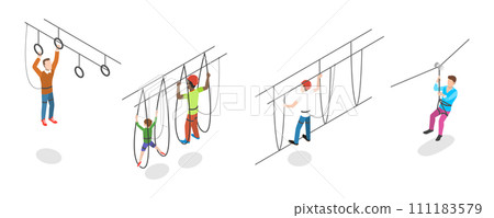 3D Isometric Flat Conceptual Illustration of Rope Park, Recreational Activities for Adults and Children 3D Isometric Flat Conceptual Illustration of Rope Park, Recreational Activities for Adults and Children 111183579