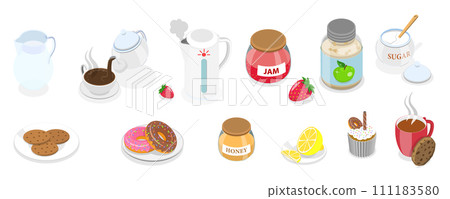 3D Isometric Flat Set of Tea Party Accessories, Cookies and Desserts 3D Isometric Flat Set of Tea Party Accessories, Cookies and Desserts 111183580
