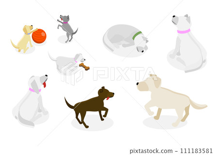 3D Isometric Flat Set of Funny Pappies andd Dogs, Different Poses and Activities 3D Isometric Flat Set of Funny Pappies andd Dogs, Different Poses and Activities 111183581