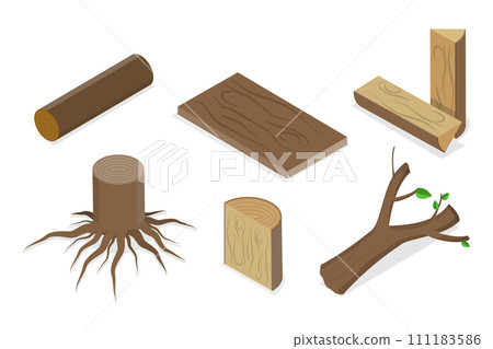 3D Isometric Flat Set of Hardwood Logs and Trunks, Wooden Fireplace Collection 3D Isometric Flat Set of Hardwood Logs and Trunks, Wooden Fireplace Collection 111183586