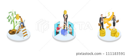 3D Isometric Flat  Conceptual Illustration of Startup Funding, Raising Money for New Bussiness 111183591