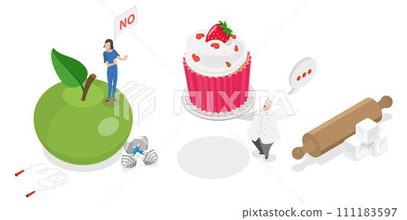 3D Isometric Flat Conceptual Illustration of Healthy Diet, Refusing Unhealthy Food, Dieting and Healthy Lifestyle 3D Isometric Flat Conceptual Illustration of Healthy Diet, Refusing Unhealthy Food, Dieting and Healthy Lifestyle 111183597