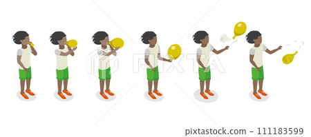 3D Isometric Flat Conceptual Illustration of Balloon Inflation, Kid Blowing Air to a Balloon and Let it Out in the Air 3D Isometric Flat Conceptual Illustration of Balloon Inflation, Kid Blowing Air to a Balloon and Let it Out in the Air 111183599