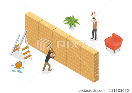 3D Isometric Flat Conceptual Illustration of Noisy Neighbor, Man Annoyed by Noise from Neighboring Apartment 3D Isometric Flat Conceptual Illustration of Noisy Neighbor, Man Annoyed by Noise from Neighboring Apartment 111183600