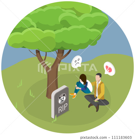 3D Isometric Flat Conceptual Illustration of Death Of Animal, Depressed Couple Crying at a Paat Gravestone 3D Isometric Flat Conceptual Illustration of Death Of Animal, Depressed Couple Crying at a Paat Gravestone 111183603