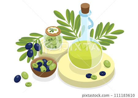 3D Isometric Flat  Conceptual Illustration of Olive Products, Greek Mediterranean Cuisine 111183610