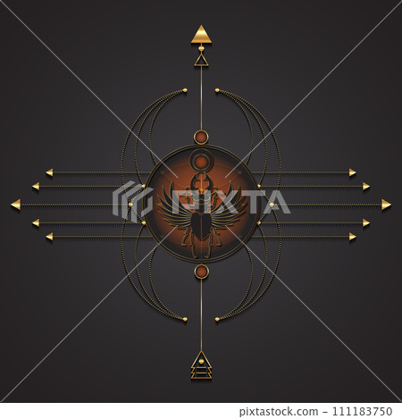 Egyptian sacred scarab stag beetle horns with wings. Gold Sacred Geometry, mistycal vector insect isolated on a black background. Symbol of the ancient Egyptians of the god of the sun in circle shape 111183750