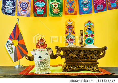 Losar Tibetan New Year. A Chemar box for Tibetan New Year with roasted barley and barley flour. Losar Tibetan New Year. A Chemar box for Tibetan New Year with roasted barley and barley flour. 111183756