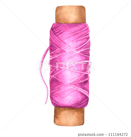 Spool of pink thread. Hand drawn watercolor illustration of reels on isolated background. Drawing of equipment for a tailor. Design for prints, stickers, cards, drawings, posters. Needlework concept. Spool of pink thread. Hand drawn watercolor illustration of reels on isolated background. Drawing of equipment for a tailor. Design for prints, stickers, cards, drawings, posters. Needlework concept. 111184272