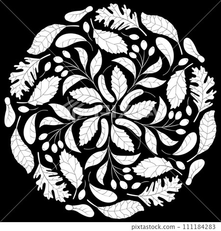 Autumn mandala with autumn leaves on black background. Autumn mandala with autumn leaves on black background. 111184283