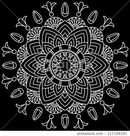 Mandala line art designs on black background. Coloring page for kids and adults. Mandala line art designs on black background. Coloring page for kids and adults. 111184285