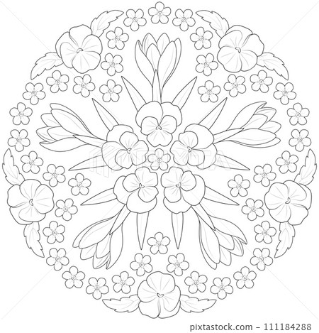 Spring flower mandala in black and white. Round pattern for coloring 111184288