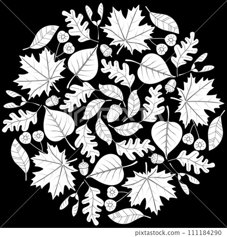 Autumn mandala with autumn leaves on black background. Autumn mandala with autumn leaves on black background. 111184290