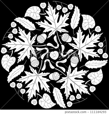 Autumn mandala with autumn leaves on black background. Autumn mandala with autumn leaves on black background. 111184293