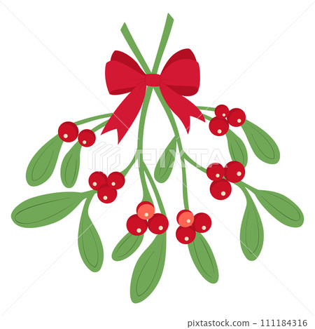 Branch of mistletoe with berries and red bow. A bouquet of Christmas. 111184316