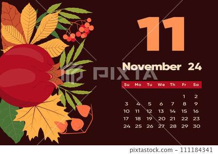 Floral November 2024 calendar template. With bright colorful flowers. 111184341