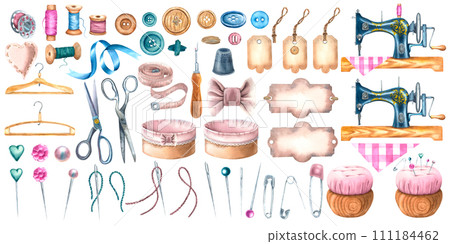 Sewing tools vintage set. Hand drawn watercolor illustrations of measuring tape, ribbon, sewing machine, sewing pins, safety pin, pinushion on isolated background. Bundle of sewing supplies for clipar Sewing tools vintage set. Hand drawn watercolor illustrations of measuring tape, ribbon, sewing machine, sewing pins, safety pin, pinushion on isolated background. Bundle of sewing supplies for clipar 111184462