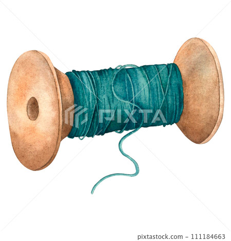 Watercolor painted skein of hobby thread, handmade fabric. Natural vegetable dye. Illustration of an isolated object on a white background, color. For store logo, print, business card Watercolor painted skein of hobby thread, handmade fabric. Natural vegetable dye. Illustration of an isolated object on a white background, color. For store logo, print, business card 111184663