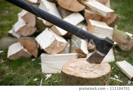 Ash trunk chopped to small pieces with axe Ash trunk chopped to small pieces with axe 111184701
