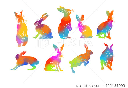 Set of colored silhouettes of hares. hand drawing. Not AI. Vector illustration Set of colored silhouettes of hares. hand drawing. Not AI. Vector illustration 111185093