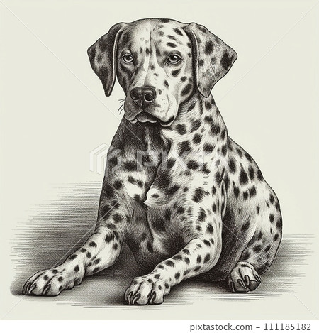 Dalmatian dog, engraving style, close-up portrait, black and white drawing, cute dog, hunting breed 111185182