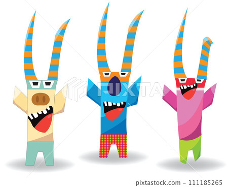 Set of three abstract comical monsters with colorful horns short legs and raised hands Set of three abstract comical monsters with colorful horns short legs and raised hands 111185265