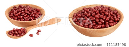 Red adzuki beans in wooden bowl isolated on white background 111185498