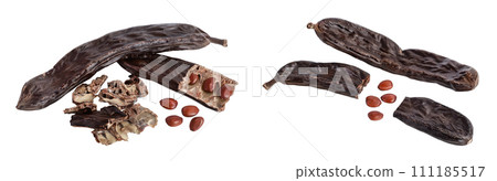 Ripe carob pods and bean isolated on white background with full depth of field 111185517