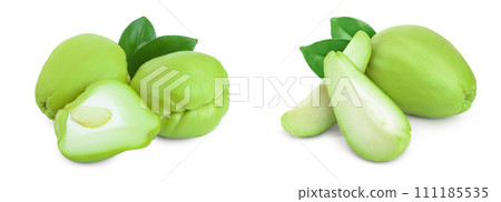 fresh Chayote vegetable or mexican cucumber with leaf isolated on white background fresh Chayote vegetable or mexican cucumber with leaf isolated on white background 111185535