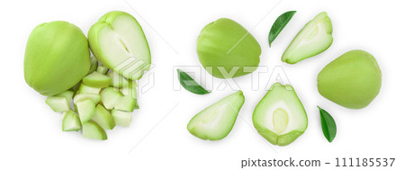 fresh Chayote vegetable isolated on white background. Top view. Flat lay fresh Chayote vegetable isolated on white background. Top view. Flat lay 111185537