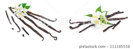 Vanilla sticks with flower and leaf isolated on white background. Top view. Flat lay Vanilla sticks with flower and leaf isolated on white background. Top view. Flat lay 111185538