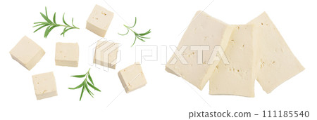 diced tofu cheese isolated on white background with full depth of field, Top view. Flat lay diced tofu cheese isolated on white background with full depth of field, Top view. Flat lay 111185540