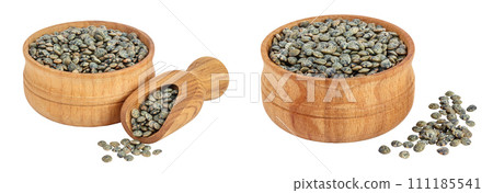 raw french green lentils in wooden bowl isolated on white background with full depth of field 111185541
