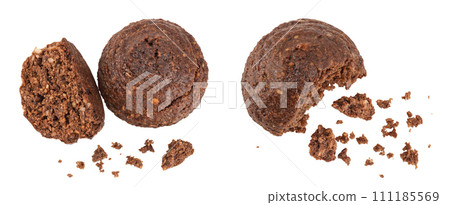 chocolate cookie with kerob, banana, cashew, sunflower seeds isolated on white background. Healthy food, gluten-free, flour-free. Top view. Flat lay. chocolate cookie with kerob, banana, cashew, sunflower seeds isolated on white background. Healthy food, gluten-free, flour-free. Top view. Flat lay. 111185569