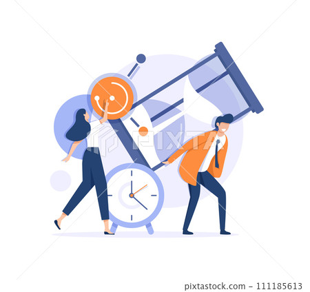 time management,Business management, people and huge hourglass, alarm clock,Deadline 111185613