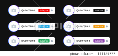 Lower third for social media. Bar with a button and space for text and logo or photo. Used for blogs, podcasts and TV. Vector template on black background. Lower third for social media. Bar with a button and space for text and logo or photo. Used for blogs, podcasts and TV. Vector template on black background. 111185777