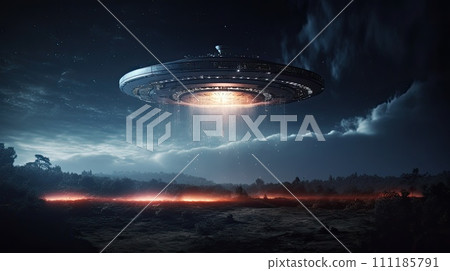 AI-generated content. UFO landing by the earth planet, mysterious object seen in the sky for which, it is claimed 111185791
