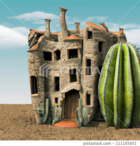 AI-generated content. A Cactus and a House in the Desert. Generative AI. 111185851