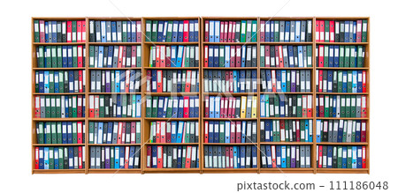 folders with files standing on shelves in a large long cabinet isolated on a white background folders with files standing on shelves in a large long cabinet isolated on a white background 111186048