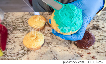 Using buttercream frosting, vanilla and chocolate cupcakes are intricately decorated to resemble various types of cactuses, creating a delightful and visually engaging dessert that showcases Using buttercream frosting, vanilla and chocolate cupcakes are intricately decorated to resemble various types of cactuses, creating a delightful and visually engaging dessert that showcases 111186252