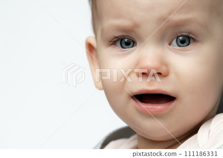 Crying baby closeup, tears of hunger and fatigue. Concept of basic needs and care 111186331