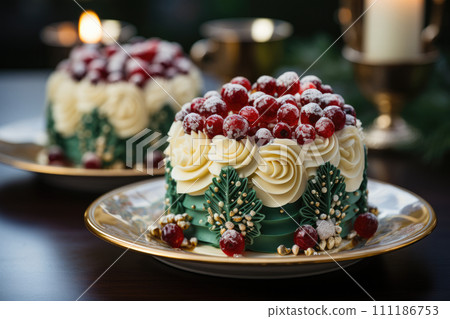 AI-generated content. Homemade Christmas's cake with decoration candle. 111186753